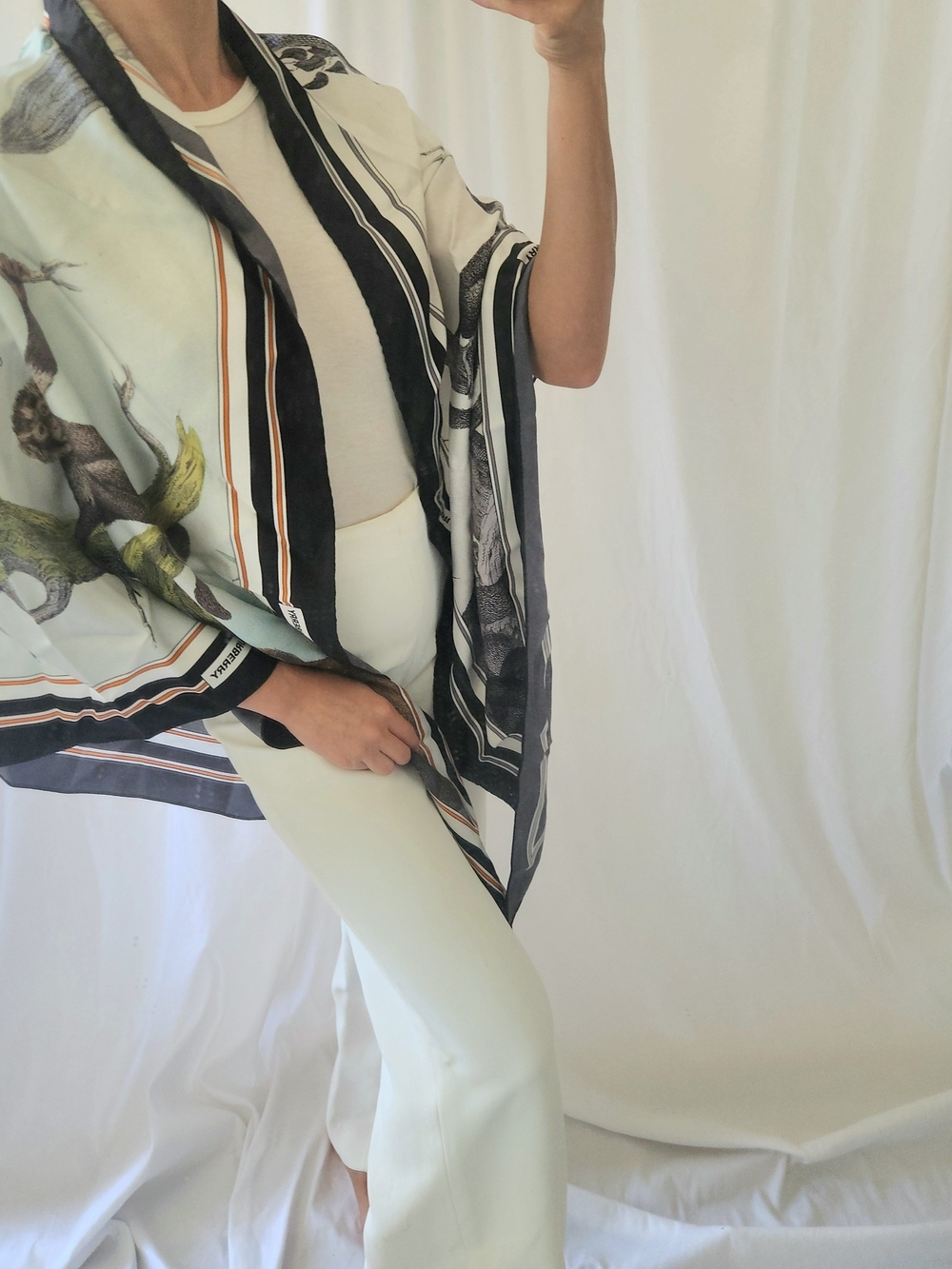 Burberry Silk Scarf Green Cream White Blue Black White Art Fashion Hankerchief - Picture 2 of 9